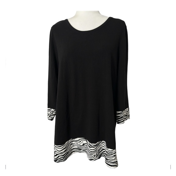 CHICO’S Women Top Tunic Zebra Border Scoop Neck Pullover 3/4 Sleeve Black Size 3 - Picture 1 of 16